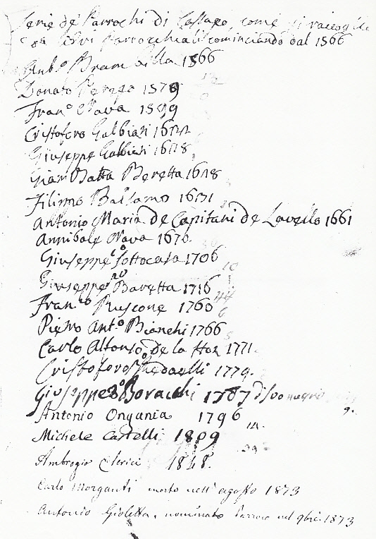 Il foglio con l'elenco dei parroci di Cassago dal 1566 al 1873