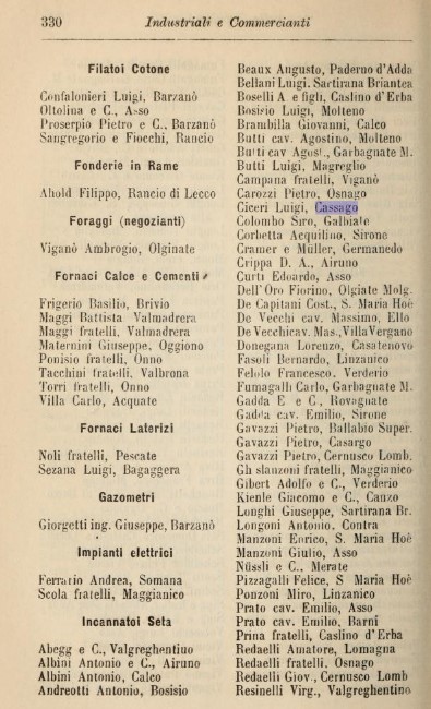 La pagina relativa all'incannatoio di Luigi Ciceri