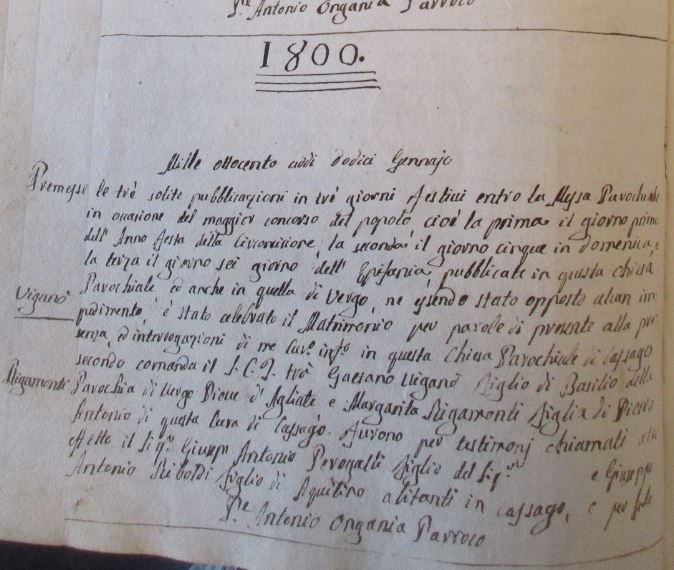 Il primo matrimonio celebrato nell'Ottocento dal V registro parrocchiale