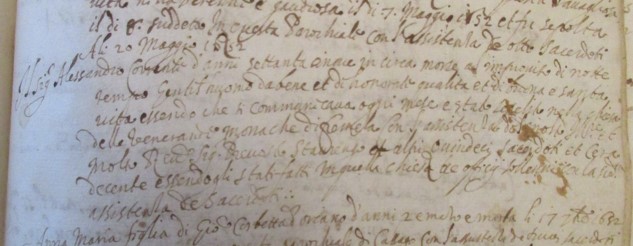 Atto di morte del signor Alessandro Corrente