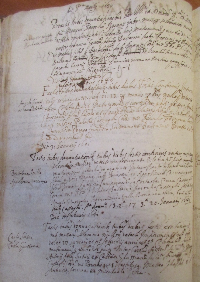 La pagina iniziale dei matrimoni del secolo XVII del II° registro parrocchiale