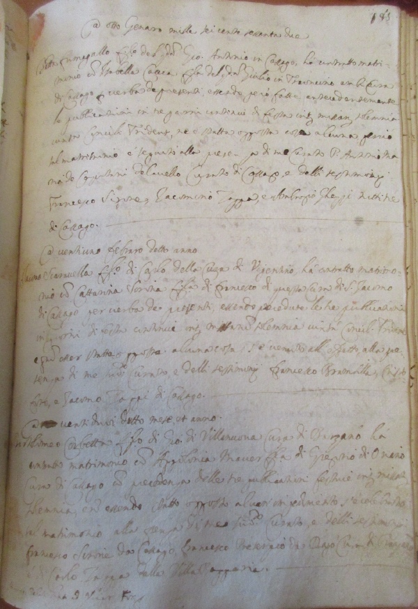 La pagina iniziale dei matrimoni del secolo XVII del III° registro parrocchiale