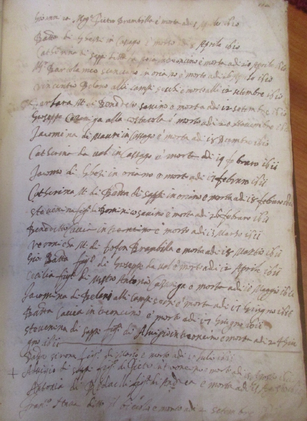Una pagina seicentesca del registro dei morti