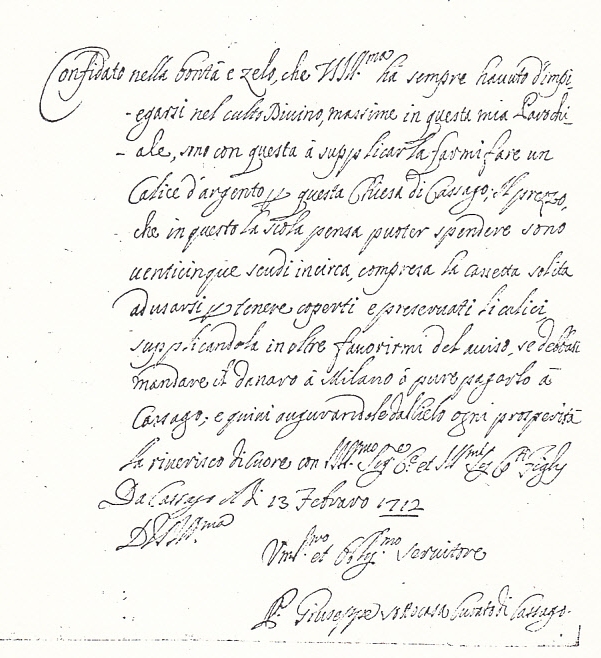 La lettera di richiesta del parroco Sottocasa