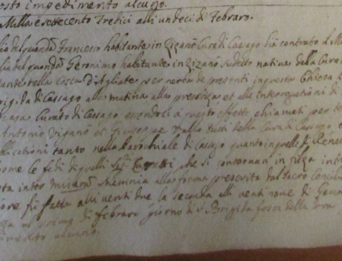 L'annotazione del parroco don Giuseppe Sottocasa che ricorda la festa di S. Brigida