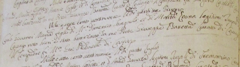 L'atto di nascita dell'architetto Carlo Giovanni Maria Sangalli che curò la costruzione della nuova parrocchiale di Cassago