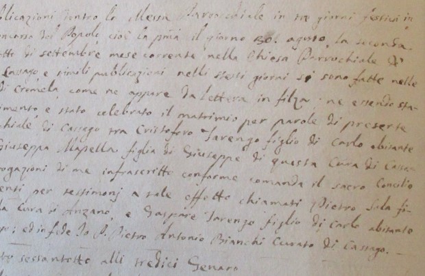 Firma autografa del parroco Pietro Antonio Bianchi in calce a un matrimonio