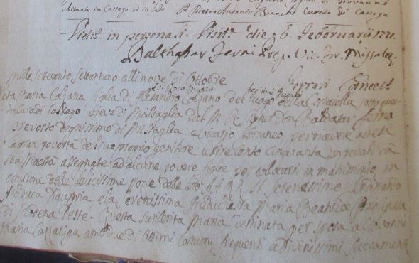 La parte iniziale dell'annotazione del parroco Carlo Alfonso De la Hoz