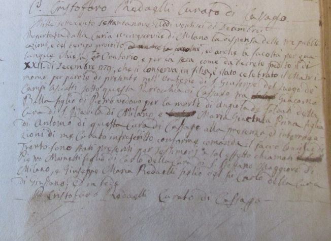 L'annotazione del parroco Cristoforo Redaelli