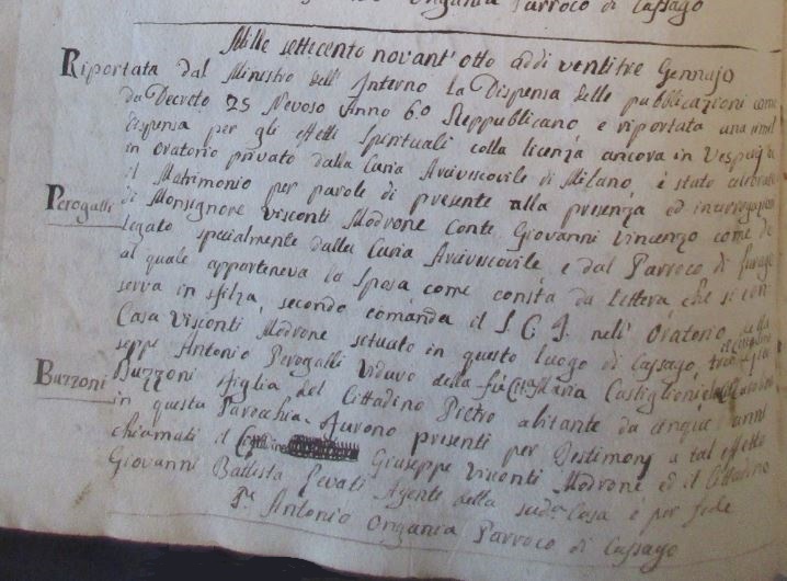 L'atto di Matrimonio fra Giuseppe Antonio Perogalli e Carolina Buzzoni nell'Oratorio di san Salvatore