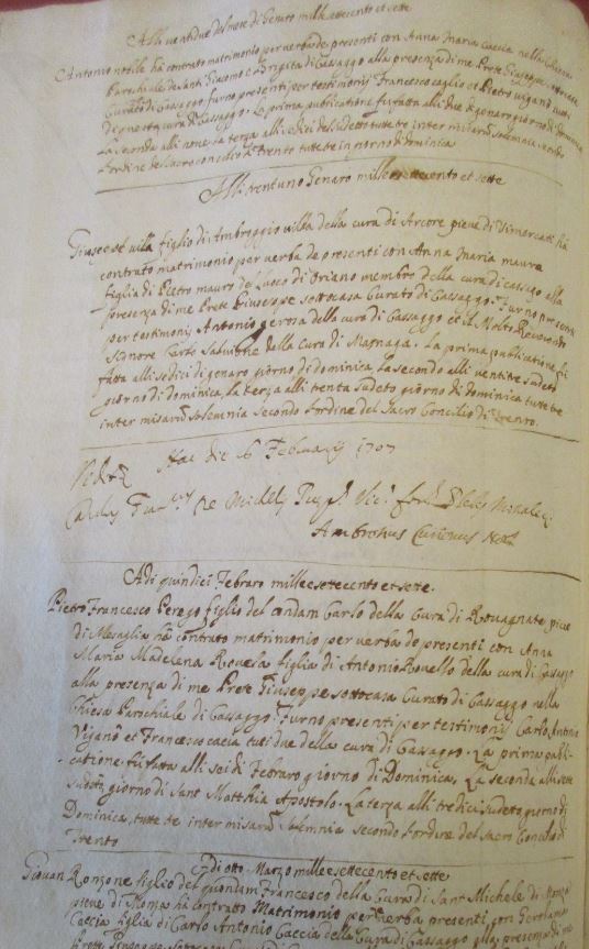 Una pagina iniziale del IV° registro parrocchiale dei matrimoni celebrati nel Settecento