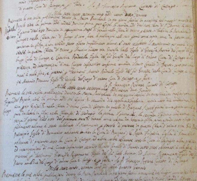 Una pagina iniziale del V° registro parrocchiale dei matrimoni celebrati nel Settecento