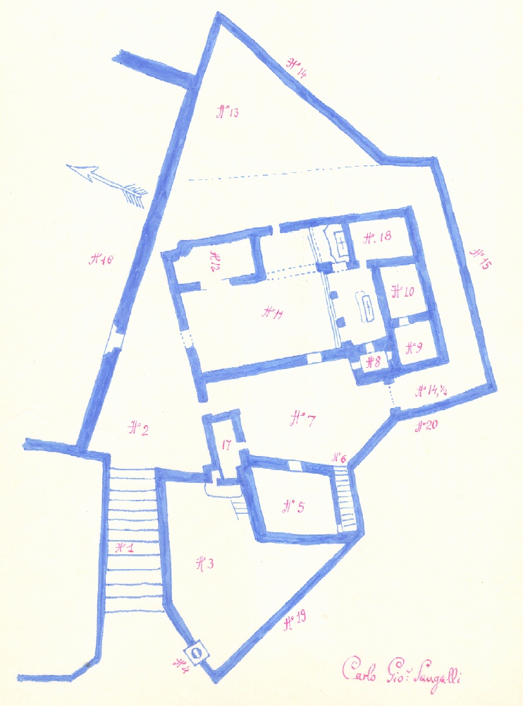 Icnografia della vecchia chiesa medioevale in un disegno dall'architetto Sangalli
