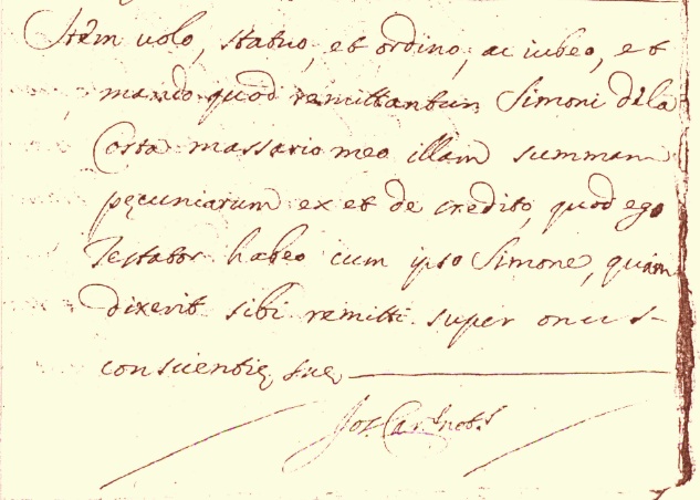 Stralcio del testamento del 1549 di Filippo Maria Pirovano che ricorda Simone de la Costa suo massaro di Cassago