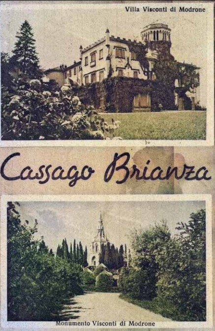 Cartolina di Cassago con immagini del Palazzo e del sepolcreto Visconti