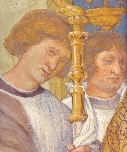 Due chierici che seguono la cerimonia della vestizione di santa Brigida da monaca