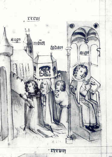 Dalla Historia Augustini: Agostino e familiari in preghiera a Cassiciaco