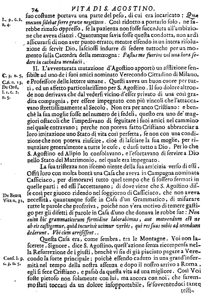 La pagina della Vita di Sant'Agostino di Fabroni con la dicitura CASSICIACO