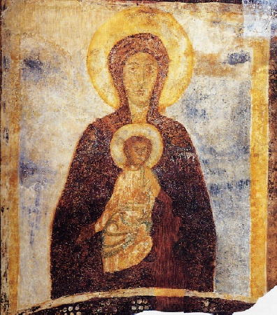 La Vergine Maria con il figlio Gesù, affresco romanico nella chiesa di san Salvatore a Barzanò