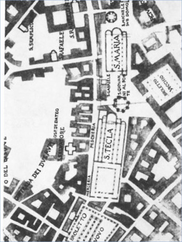 Il centro di Milano verso l'anno 1300 - Disegno di Ugo Monneret de Villard