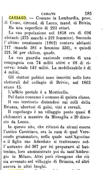 La voce CASSAGO nel citato Dizionario