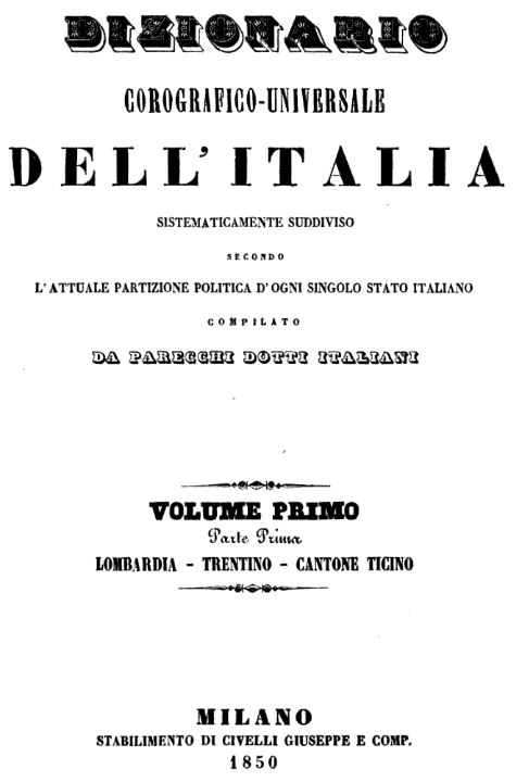 La copertina del primo volume del Dizionario Corografico curato per la Lombardia da Massimo Fabi