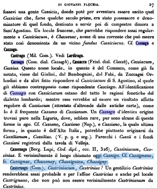 La voce Cassago nella interpretazione di Flechia