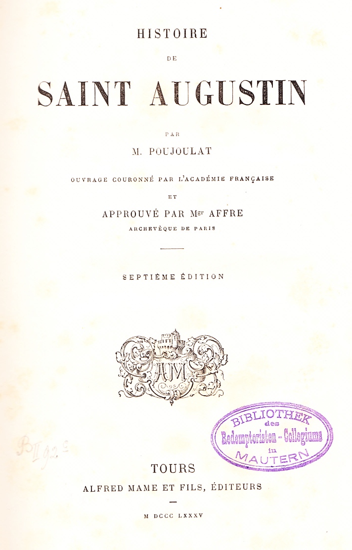 Copertina del libro di M. Joseph Poujoulat nell'edizione settima di Tours del 1885