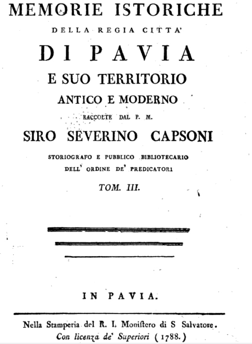L'edizione pavese del terzo volume dell'opera di Capsoni