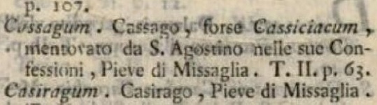 La citazione di Cassago nell'opera di Frisi