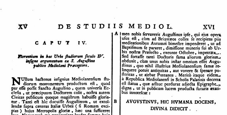 Il testo dell'opera di Antonio Sassi relativo ad Agostino