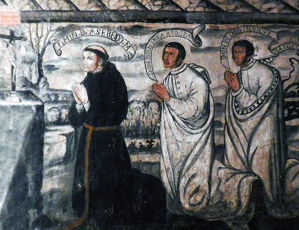 I cacicchi indigeni di Actopan don Juan de Atopca e Pedro de Izcuincuitlapilco con frate Martin de Fray Asebeido pregano davanti all'altare