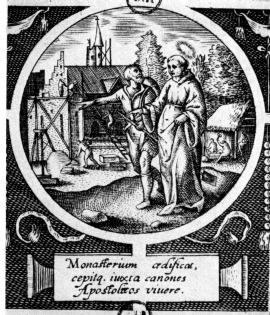 Agostino costruisce un monastero nella stampa di Bry alla Biblioteca Nazionale di Parigi
