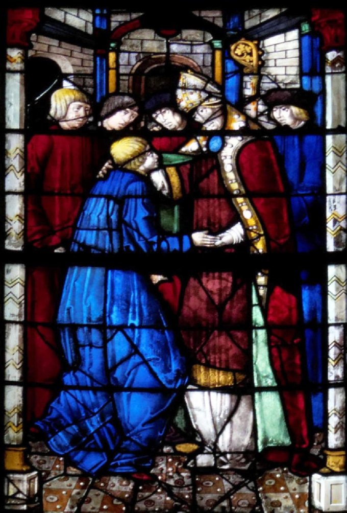 Agostino è accolto dal vescovo Ambrogio, vetrata nella chiesa di Notre Dame a Eperney