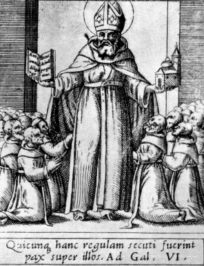 Agostino dona la sua Regola, dalla stampa di Kartarius alla Biblioteca Nazionale di Parigi