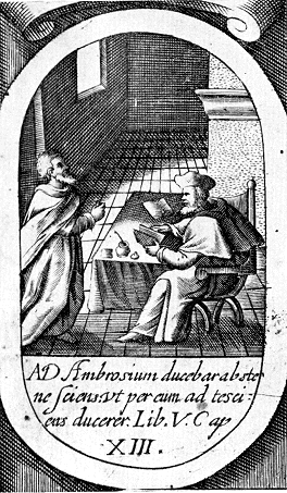 Agostino incontra a Milano il vescovo Ambrogio, da una stampa di Leclerc alla Biblioteca Nazionale di Parigi