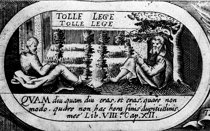 La scena del giardino a Milano: Tolle lege, da una stampa di Leclerc alla Biblioteca Nazionale di Parigi