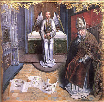 Sigisberto vede un angelo che gli porta il cuore di Agostino, nella Tavola di Jan van Scorel nella chiesa di Santo Stefano a Gerusalemme