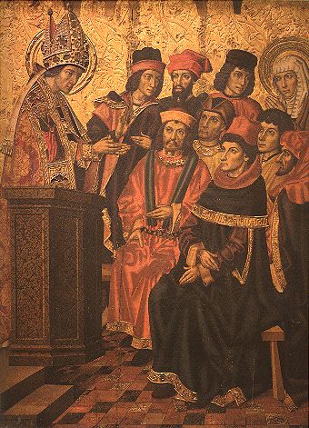 Agostino ascolta le prediche di Ambrogio di Jaime Huguet al Museo di Arte Catalana a Barcellona