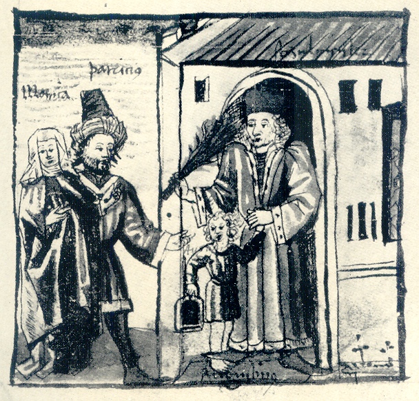 Agostino condotto a scuola dai genitori, immagine tratta dalla Vita sancti Augustini