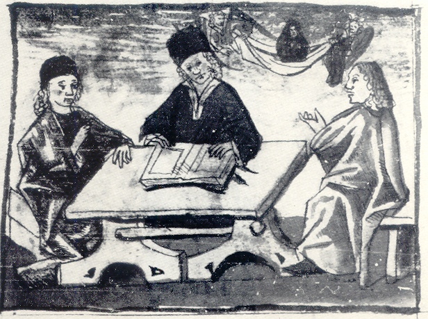 Ponticiano parla ad Agostino ed Alipio di sant'Antonio, immagine tratta dalla Vita sancti Augustini