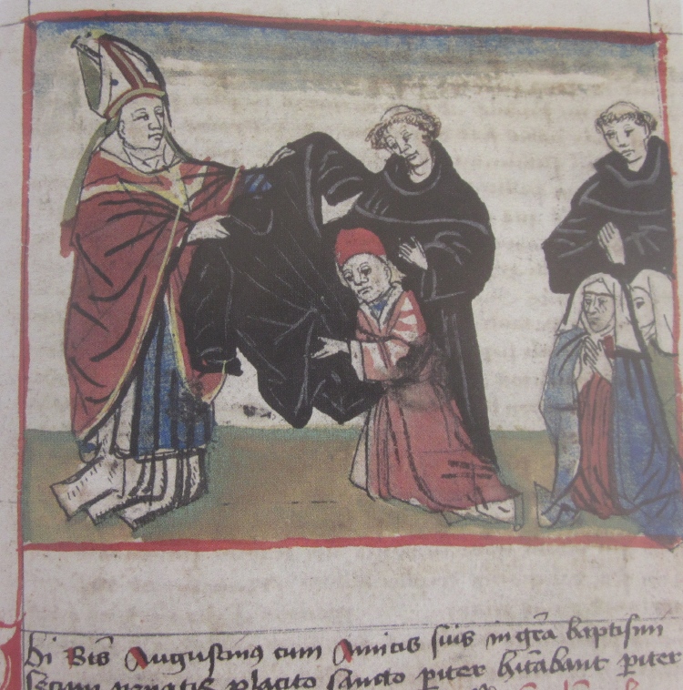 Ambrogio riveste Agostino con una tunica nera, immagine tratta dalla Vita sancti Augustini