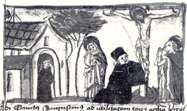 Agostino abbraccia la croce di Cristo, immagine tratta dalla Vita sancti Augustini