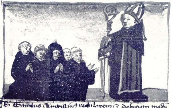 Dona una Regola ai monaci e religiosi, immagine tratta dalla Vita sancti Augustini