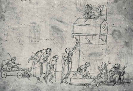 Agostino indica la via a dei pellegrini sciancati