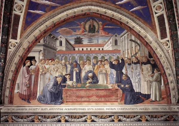 Morte di Agostino: ascesa al cielo con gli angeli: dal ciclo di affreschi di Benozzo Gozzoli nella chiesa di sant'Agostino a San Gimignano