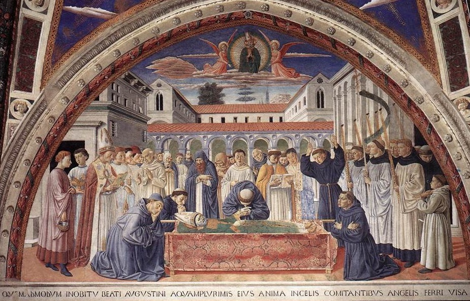 Morte di Agostino: ascesa al cielo con gli angeli: dal ciclo di affreschi di Benozzo Gozzoli nella chiesa di sant'Agostino a San Gimignano
