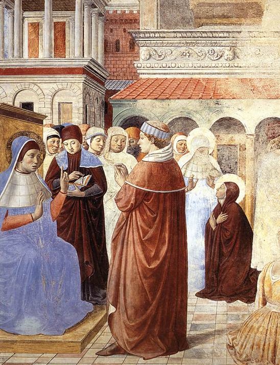 Agostino ascolta le prediche di Ambrogio. Monica conversa con Ambrogio: dal ciclo di affreschi di Benozzo Gozzoli nella chiesa di sant'Agostino a San Gimignano