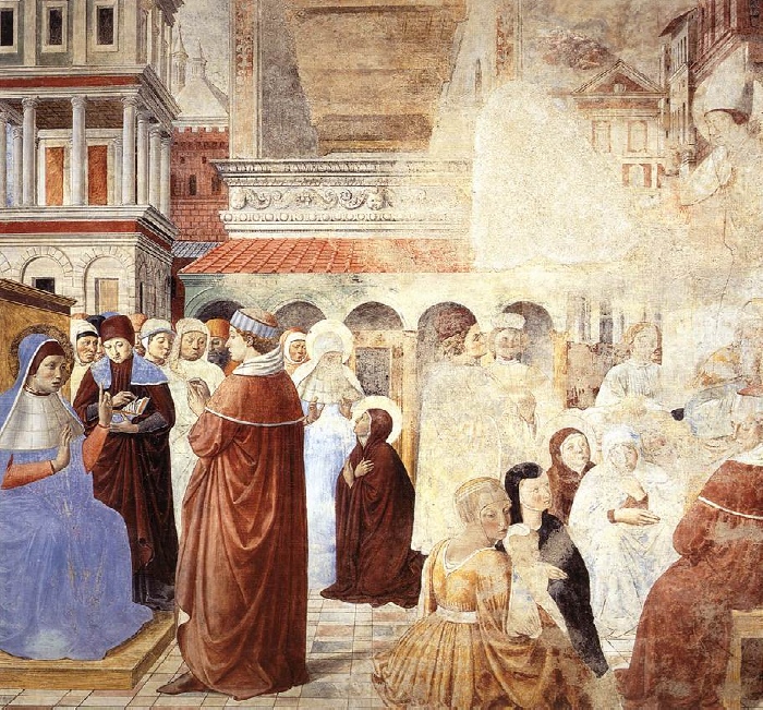 Scene di vita milanese degli incontri di Agostino e Monica con il vescovo Ambrogio: dal ciclo di affreschi di Benozzo Gozzoli nella chiesa di sant'Agostino a San Gimignano