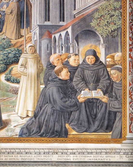 Agostino consegna la sua Regola ai monaci agostiniani: dal ciclo di affreschi di Benozzo Gozzoli nella chiesa di sant'Agostino a San Gimignano
